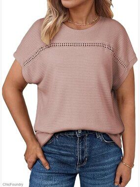 Plus Size Hollow Out Waffle Knit T-Shirt Crewneck Short Sleeve Loose Fit